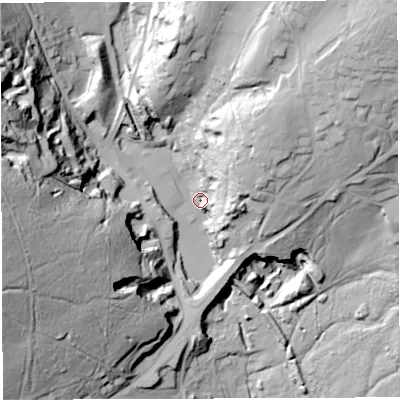 Shaded relief map of the ground around GL179JS, computed from Environment Agency LiDAR. The ground here sits at about 172 m above sea level and falls 74 m across the surrounding 800 m. Surface water reaching this point runs off ground lying to the west, 67.0 m higher.