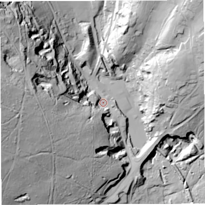 Shaded relief map of the ground around GL179JW, computed from Environment Agency LiDAR. The ground here sits at about 177 m above sea level and falls 92 m across the surrounding 800 m. Surface water reaching this point runs off ground lying to the west, 74.0 m higher.