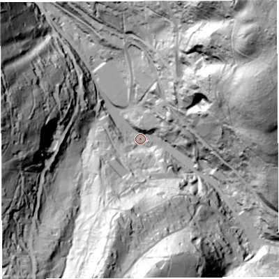 Shaded relief map of the ground around GL179LG, computed from Environment Agency LiDAR. The ground here sits at about 69 m above sea level and falls 129 m across the surrounding 800 m. Surface water reaching this point runs off ground lying to the east-north-east, 106.2 m higher.