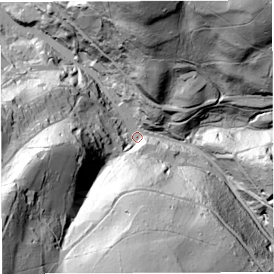 Shaded relief map of the ground around GL179LH, computed from Environment Agency LiDAR. The ground here sits at about 84 m above sea level and falls 111 m across the surrounding 800 m. Surface water reaching this point runs off ground lying to the south, 88.0 m higher.