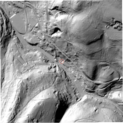 Shaded relief map of the ground around GL179LQ, computed from Environment Agency LiDAR. The ground here sits at about 75 m above sea level and falls 128 m across the surrounding 800 m. Surface water reaching this point runs off ground lying to the north-east, 117.1 m higher.