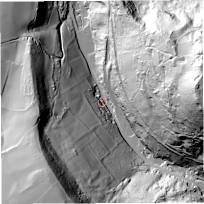 Shaded relief map of the ground around GL179NA, computed from Environment Agency LiDAR. The ground here sits at about 41 m above sea level and falls 147 m across the surrounding 800 m. Surface water reaching this point runs off ground lying to the east, 137.3 m higher.