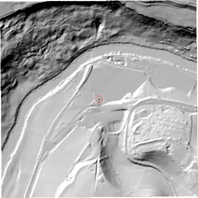 Shaded relief map of the ground around GL179NG, computed from Environment Agency LiDAR. The ground here sits at about 30 m above sea level and falls 97 m across the surrounding 800 m. Surface water reaching this point runs off ground lying to the south-east, 50.5 m higher.