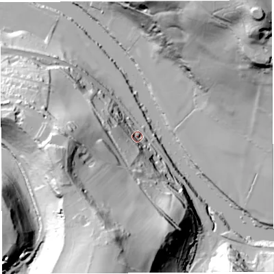 Shaded relief map of the ground around GL179NJ, computed from Environment Agency LiDAR. The ground here sits at about 33 m above sea level and falls 76 m across the surrounding 800 m. Surface water reaching this point runs off ground lying to the west-south-west, 51.3 m higher.