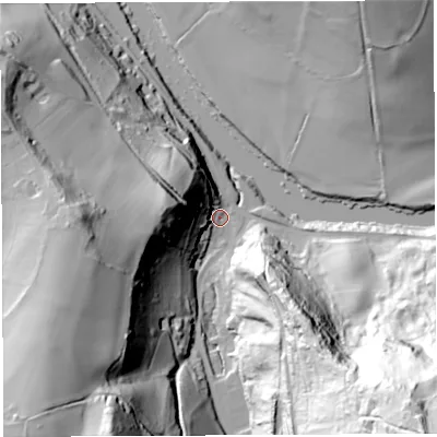 Shaded relief map of the ground around GL179NN, computed from Environment Agency LiDAR. The ground here sits at about 27 m above sea level and falls 116 m across the surrounding 800 m. Surface water reaching this point runs off ground lying to the south-east, 105.2 m higher.