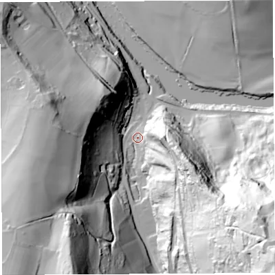 Shaded relief map of the ground around GL179NP, computed from Environment Agency LiDAR. The ground here sits at about 29 m above sea level and falls 124 m across the surrounding 800 m. Surface water reaching this point runs off ground lying to the south-east, 103.8 m higher.
