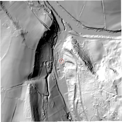 Shaded relief map of the ground around GL179NR, computed from Environment Agency LiDAR. The ground here sits at about 30 m above sea level and falls 128 m across the surrounding 800 m. Surface water reaching this point runs off ground lying to the south-east, 121.7 m higher.