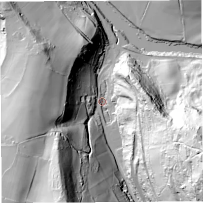 Shaded relief map of the ground around GL179NS, computed from Environment Agency LiDAR. The ground here sits at about 30 m above sea level and falls 116 m across the surrounding 800 m. Surface water reaching this point runs off ground lying to the east-south-east, 109.9 m higher.
