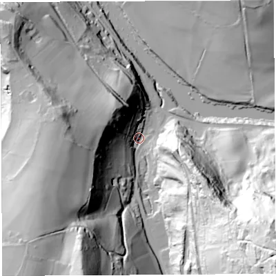 Shaded relief map of the ground around GL179NT, computed from Environment Agency LiDAR. The ground here sits at about 29 m above sea level and falls 116 m across the surrounding 800 m. Surface water reaching this point runs off ground lying to the south-east, 103.8 m higher.