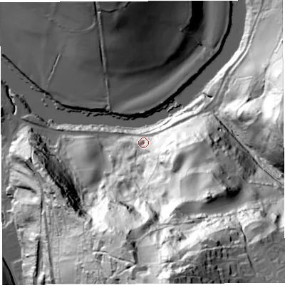 Shaded relief map of the ground around GL179NU, computed from Environment Agency LiDAR. The ground here sits at about 38 m above sea level and falls 146 m across the surrounding 800 m. Surface water reaching this point runs off ground lying to the south, 130.2 m higher.