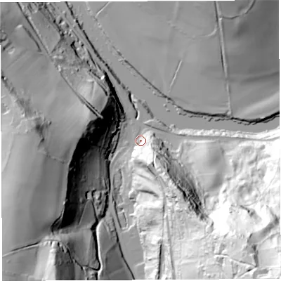 Shaded relief map of the ground around GL179NW, computed from Environment Agency LiDAR. The ground here sits at about 29 m above sea level and falls 130 m across the surrounding 800 m. Surface water reaching this point runs off ground lying to the south-south-east, 32.4 m higher.