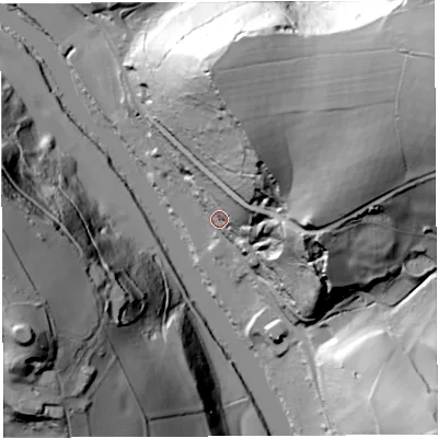 Shaded relief map of the ground around GL179NY, computed from Environment Agency LiDAR. The ground here sits at about 34 m above sea level and falls 78 m across the surrounding 800 m. Surface water reaching this point runs off ground lying to the east-north-east, 27.8 m higher.