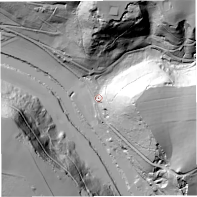 Shaded relief map of the ground around GL179NZ, computed from Environment Agency LiDAR. The ground here sits at about 35 m above sea level and falls 80 m across the surrounding 800 m. Surface water reaching this point runs off ground lying to the east, 54.4 m higher.