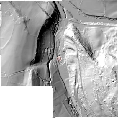 Shaded relief map of the ground around GL179PG, computed from Environment Agency LiDAR. The ground here sits at about 32 m above sea level and falls 119 m across the surrounding 800 m. Surface water reaching this point runs off ground lying to the east-south-east, 111.9 m higher.