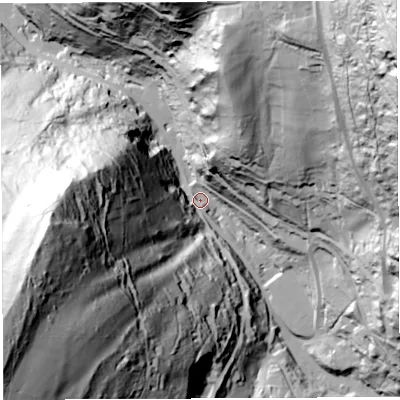 Shaded relief map of the ground around GL179PP, computed from Environment Agency LiDAR. The ground here sits at about 63 m above sea level and falls 174 m across the surrounding 800 m. Surface water reaching this point runs off ground lying to the south-west, 156.9 m higher.