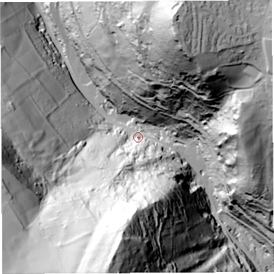 Shaded relief map of the ground around GL179SB, computed from Environment Agency LiDAR. The ground here sits at about 55 m above sea level and falls 175 m across the surrounding 800 m. Surface water reaching this point runs off ground lying to the south, 140.5 m higher.