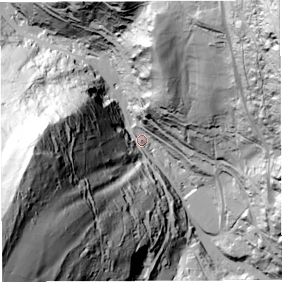 Shaded relief map of the ground around GL179SE, computed from Environment Agency LiDAR. The ground here sits at about 66 m above sea level and falls 173 m across the surrounding 800 m. Surface water reaching this point runs off ground lying to the south-west, 156.2 m higher.