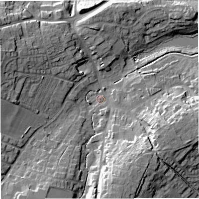 Shaded relief map of the ground around GL181AJ, computed from Environment Agency LiDAR. The ground here sits at about 32 m above sea level and falls 20 m across the surrounding 800 m. Surface water reaching this point runs off ground lying to the south, 17.6 m higher.