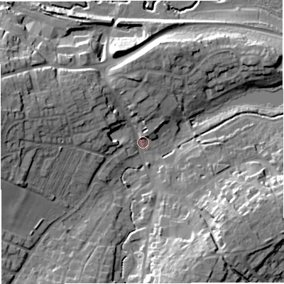 Shaded relief map of the ground around GL181AN, computed from Environment Agency LiDAR. The ground here sits at about 32 m above sea level and falls 23 m across the surrounding 800 m. Surface water reaching this point runs off ground lying to the west-north-west, 13.3 m higher.