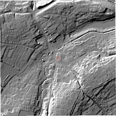 Shaded relief map of the ground around GL181AQ, computed from Environment Agency LiDAR. The ground here sits at about 33 m above sea level and falls 21 m across the surrounding 800 m. Surface water reaching this point runs off ground lying to the south-south-east, 15.2 m higher.