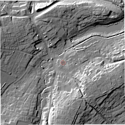 Shaded relief map of the ground around GL181AR, computed from Environment Agency LiDAR. The ground here sits at about 33 m above sea level and falls 23 m across the surrounding 800 m. Surface water reaching this point runs off ground lying to the south-east, 13.5 m higher.