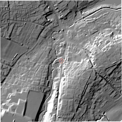 Shaded relief map of the ground around GL181DB, computed from Environment Agency LiDAR. The ground here sits at about 34 m above sea level and falls 20 m across the surrounding 800 m. Surface water reaching this point runs off ground lying to the south-east, 13.5 m higher.