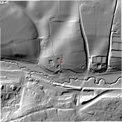 Shaded relief map of the ground around GL181DD, computed from Environment Agency LiDAR. The ground here sits at about 38 m above sea level and falls 33 m across the surrounding 800 m. Surface water reaching this point runs off ground lying to the north-north-east, 15.3 m higher.