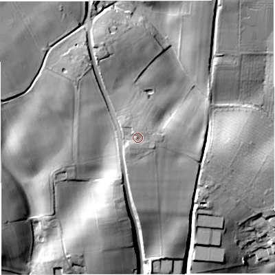 Shaded relief map of the ground around GL181DE, computed from Environment Agency LiDAR. The ground here sits at about 57 m above sea level and falls 36 m across the surrounding 800 m. Surface water reaching this point runs off ground lying to the north-north-west, 1.1 m higher.