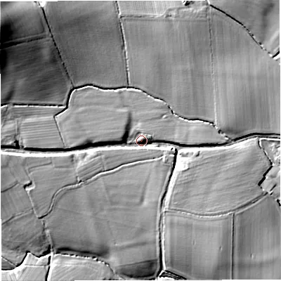 Shaded relief map of the ground around GL181EG, computed from Environment Agency LiDAR. The ground here sits at about 21 m above sea level and falls 26 m across the surrounding 800 m. Surface water reaching this point runs off ground lying to the west, 10.3 m higher.
