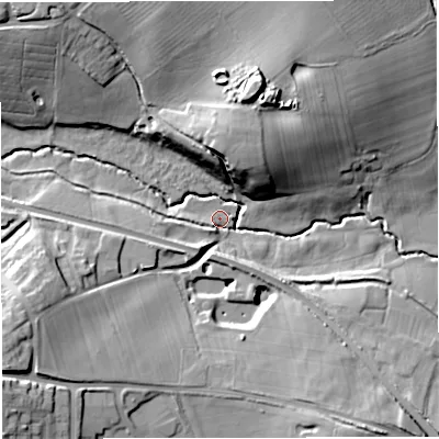 Shaded relief map of the ground around GL181ES, computed from Environment Agency LiDAR. The ground here sits at about 24 m above sea level and falls 23 m across the surrounding 800 m. Surface water reaching this point runs off ground lying to the south-west, 20.4 m higher.