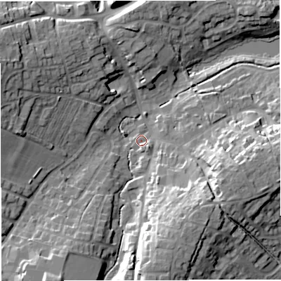 Shaded relief map of the ground around GL181EU, computed from Environment Agency LiDAR. The ground here sits at about 33 m above sea level and falls 20 m across the surrounding 800 m. Surface water reaching this point runs off ground lying to the south-east, 2.5 m higher.
