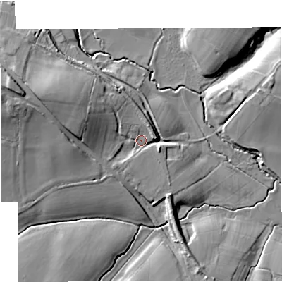 Shaded relief map of the ground around GL181HD, computed from Environment Agency LiDAR. The ground here sits at about 23 m above sea level and falls 18 m across the surrounding 800 m. Surface water reaching this point runs off ground lying to the west-north-west, 12.6 m higher.