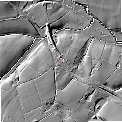 Shaded relief map of the ground around GL181HE, computed from Environment Agency LiDAR. The ground here sits at about 23 m above sea level and falls 12 m across the surrounding 800 m. Surface water reaching this point runs off ground lying to the south-west, 2.4 m higher.
