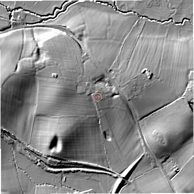 Shaded relief map of the ground around GL181HF, computed from Environment Agency LiDAR. The ground here sits at about 21 m above sea level and falls 13 m across the surrounding 800 m. Surface water reaching this point runs off ground lying to the north-north-west, 1.5 m higher.