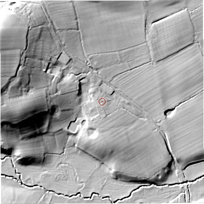 Shaded relief map of the ground around GL181HL, computed from Environment Agency LiDAR. The ground here sits at about 23 m above sea level and falls 30 m across the surrounding 800 m. Surface water reaching this point runs off ground lying to the south-south-west, 1.4 m higher.