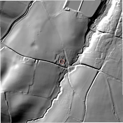 Shaded relief map of the ground around GL181JH, computed from Environment Agency LiDAR. The ground here sits at about 45 m above sea level and falls 35 m across the surrounding 800 m. Surface water reaching this point runs off ground lying to the west, 6.4 m higher.