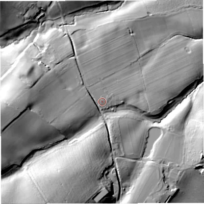 Shaded relief map of the ground around GL181JX, computed from Environment Agency LiDAR. The ground here sits at about 48 m above sea level and falls 40 m across the surrounding 800 m. Surface water reaching this point runs off ground lying to the west, 26.1 m higher.