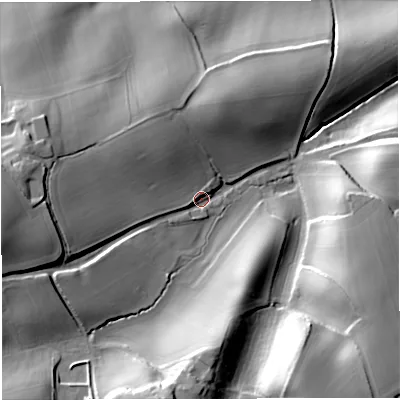 Shaded relief map of the ground around GL181NE, computed from Environment Agency LiDAR. The ground here sits at about 39 m above sea level and falls 32 m across the surrounding 800 m. Surface water reaching this point runs off ground lying to the west, 21.3 m higher.