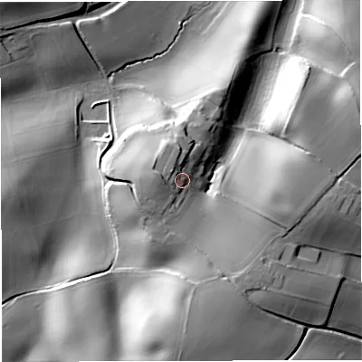 Shaded relief map of the ground around GL181NF, computed from Environment Agency LiDAR. The ground here sits at about 63 m above sea level and falls 36 m across the surrounding 800 m. Surface water reaching this point runs off ground lying to the west, 4.9 m higher.