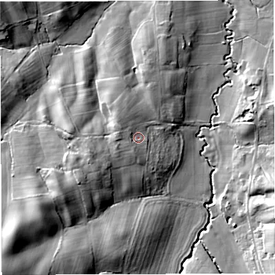 Shaded relief map of the ground around GL181NT, computed from Environment Agency LiDAR. The ground here sits at about 61 m above sea level and falls 33 m across the surrounding 800 m. Surface water reaching this point runs off ground lying to the west-south-west, 4.5 m higher.