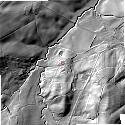 Shaded relief map of the ground around GL181NW, computed from Environment Agency LiDAR. The ground here sits at about 53 m above sea level and falls 38 m across the surrounding 800 m. Surface water reaching this point runs off ground lying to the south-south-east, 4.1 m higher.