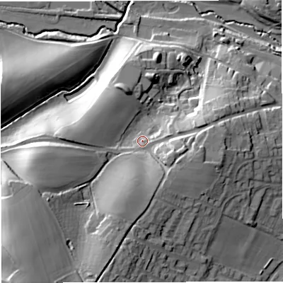 Shaded relief map of the ground around GL181QY, computed from Environment Agency LiDAR. The ground here sits at about 41 m above sea level and falls 33 m across the surrounding 800 m. Surface water reaching this point runs off ground lying to the south-south-west, 16.6 m higher.