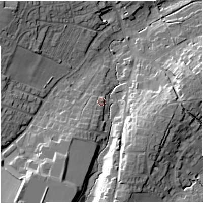 Shaded relief map of the ground around GL181RB, computed from Environment Agency LiDAR. The ground here sits at about 36 m above sea level and falls 21 m across the surrounding 800 m. Surface water reaching this point runs off ground lying to the south-west, 5.0 m higher.