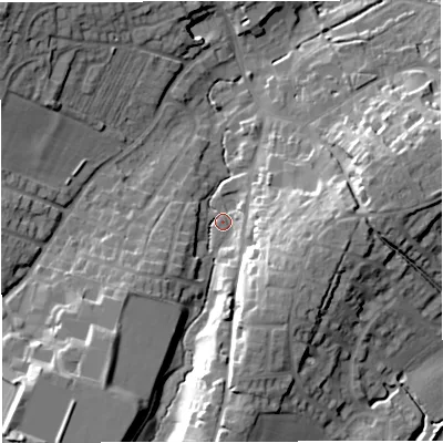 Shaded relief map of the ground around GL181RE, computed from Environment Agency LiDAR. The ground here sits at about 34 m above sea level and falls 21 m across the surrounding 800 m. Surface water reaching this point runs off ground lying to the south, 16.8 m higher.