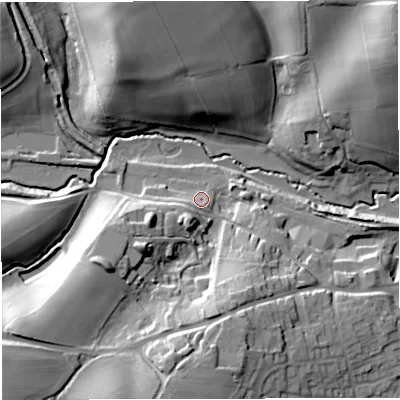 Shaded relief map of the ground around GL181RG, computed from Environment Agency LiDAR. The ground here sits at about 33 m above sea level and falls 30 m across the surrounding 800 m. Surface water reaching this point runs off ground lying to the south-south-west, 6.3 m higher.