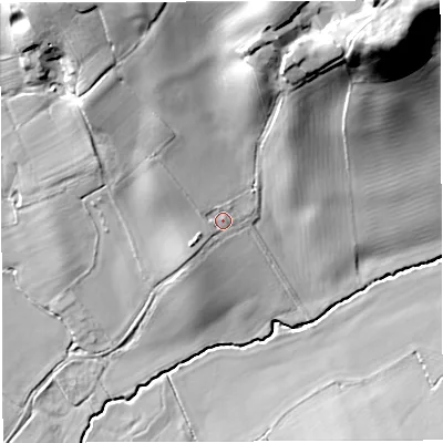 Shaded relief map of the ground around GL182AT, computed from Environment Agency LiDAR. The ground here sits at about 47 m above sea level and falls 36 m across the surrounding 800 m. Surface water reaching this point runs off ground lying to the north-west, 6.6 m higher.