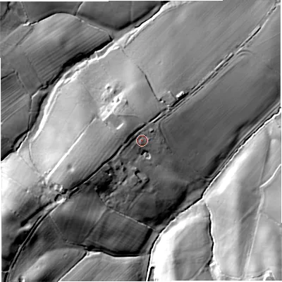 Shaded relief map of the ground around GL182BE, computed from Environment Agency LiDAR. The ground here sits at about 49 m above sea level and falls 22 m across the surrounding 800 m. Surface water reaching this point runs off ground lying to the west-south-west, 8.1 m higher.