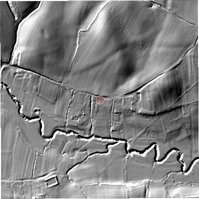 Shaded relief map of the ground around GL182DG, computed from Environment Agency LiDAR. The ground here sits at about 30 m above sea level and falls 23 m across the surrounding 800 m. Surface water reaching this point runs off ground lying to the north-north-east, 17.1 m higher.