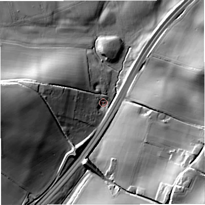 Shaded relief map of the ground around GL182DW, computed from Environment Agency LiDAR. The ground here sits at about 35 m above sea level and falls 27 m across the surrounding 800 m. Surface water reaching this point runs off ground lying to the west-north-west, 15.5 m higher.
