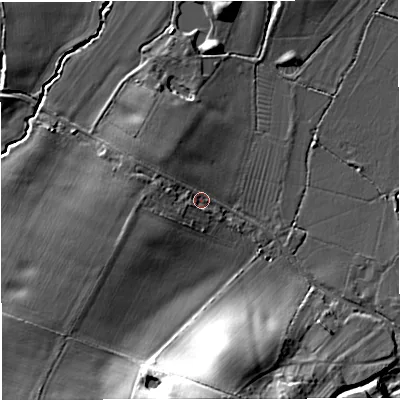 Shaded relief map of the ground around GL193AQ, computed from Environment Agency LiDAR. The ground here sits at about 13 m above sea level and falls 18 m across the surrounding 800 m. Surface water reaching this point runs off ground lying to the west, 3.2 m higher.
